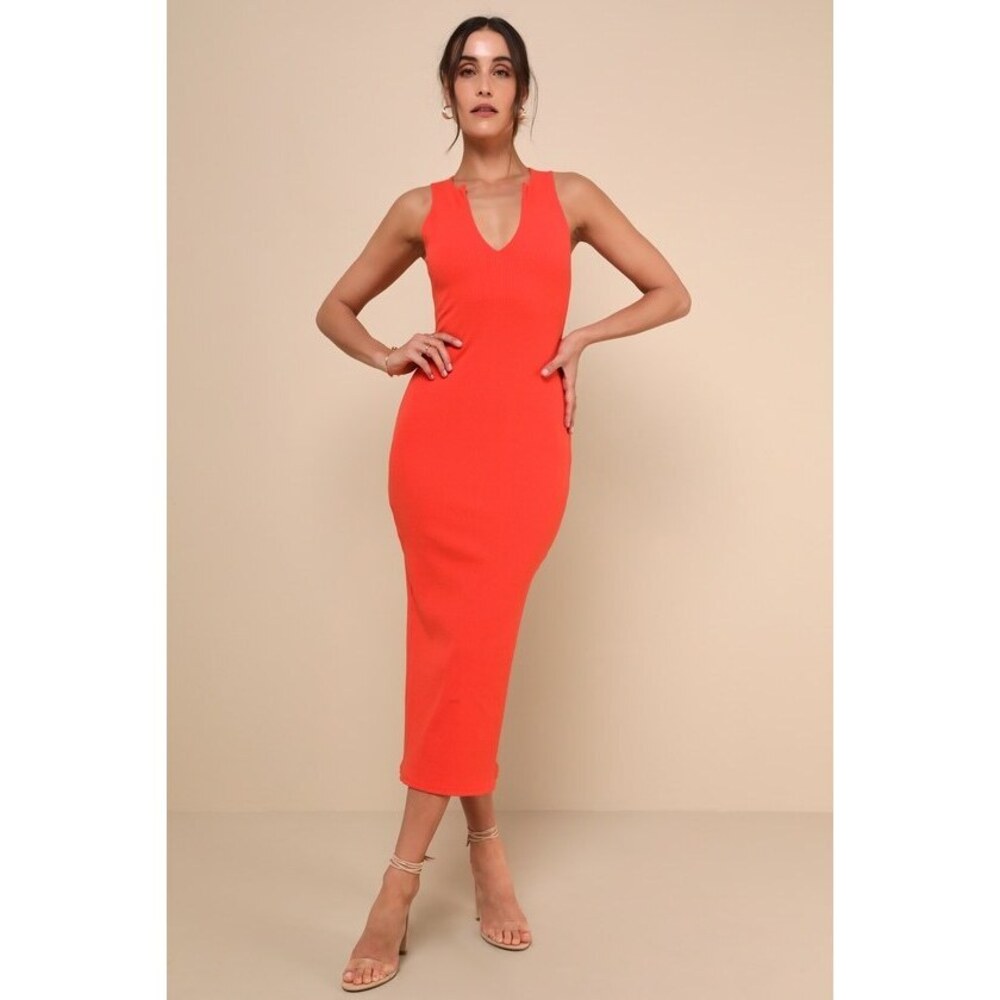 Lulus Effortless Behavior Neon Orange Ribbed Sleeveless Midi Dress - Size M